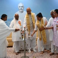 Candle lighting by Rajyogi Karuna Bhaiji,Rajyogi lalit Bhaiji,BK Krishna Behn,Chief Guest ACJM Saloni Saxena,BK Payal and Rajyogi Suryamani Bhaiji(National Co-ordinator of Divyangjan Wing) at Manmohini Complex on 18th June'2025.